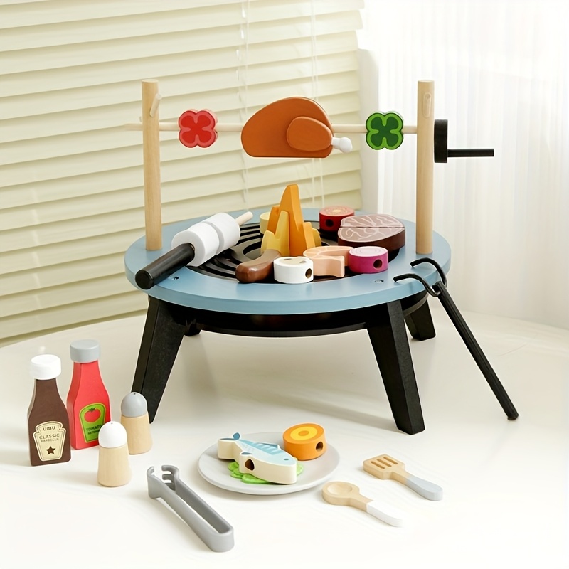 Kids Outdoor Grill Set - Wooden Barbecue Playset For Kids Pretend