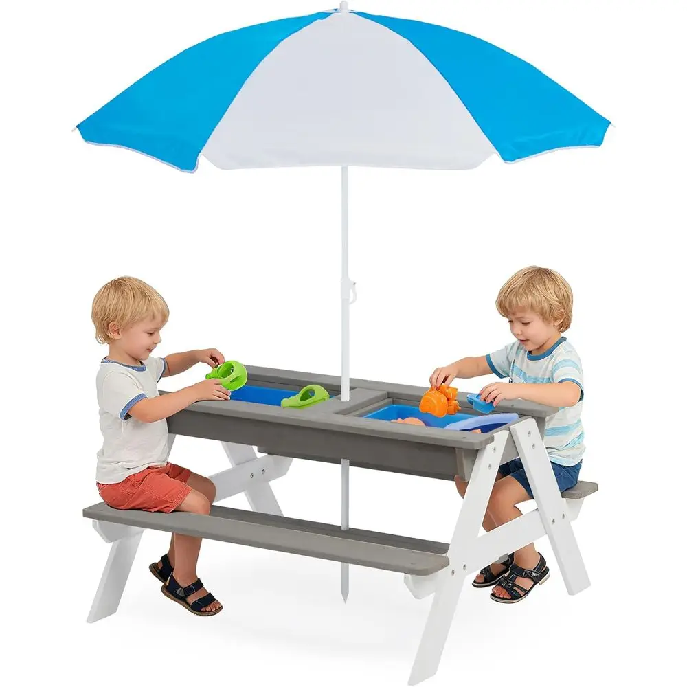 Kids Outdoor Umbrella - Convertible 3-in-1 Wooden Picnic Table for