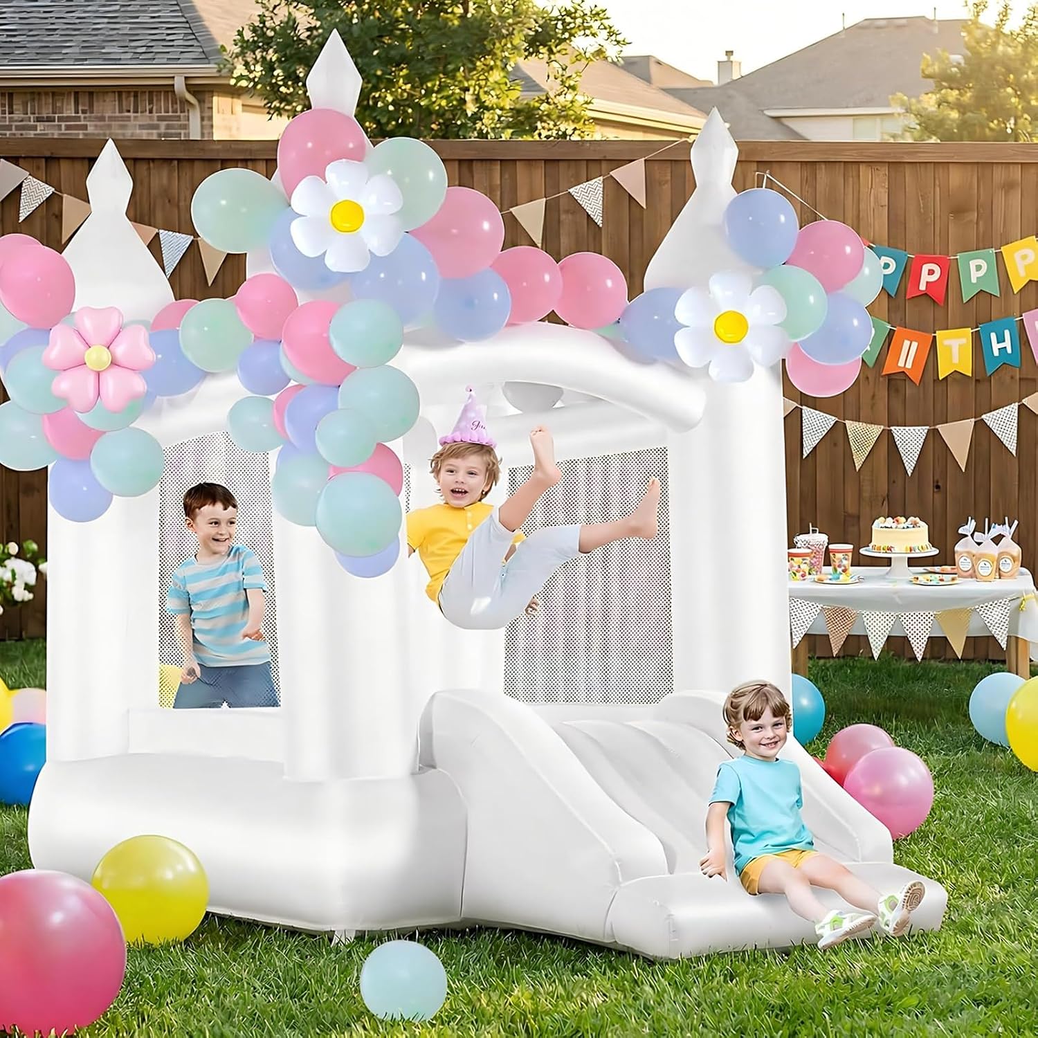 White Bounce House Indoor Outd - Kids Outdoor House With Slide 评论和价格