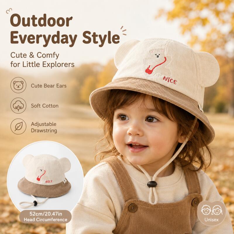 Kids Bear Ear Bucket Hat Soft  - Kids Outdoor Hat 评论和价格
