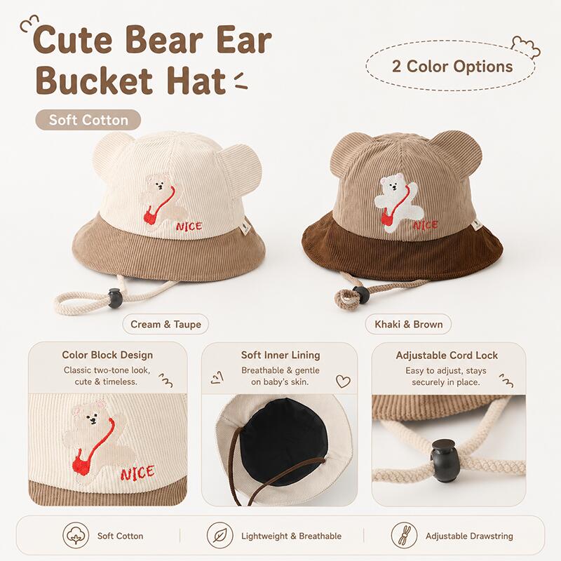 Kids Bear Ear Bucket Hat Soft  - Kids Outdoor Hat 评论和价格