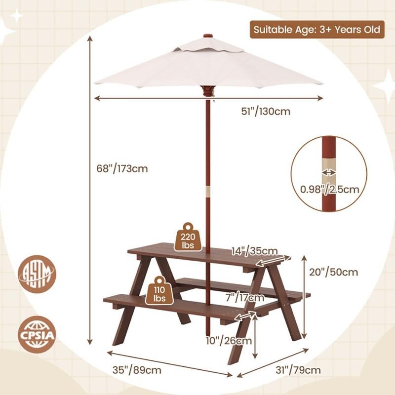 Outdoor 4-Seat Kids Picnic Tab - Kids Outdoor Umbrella 评论和价格