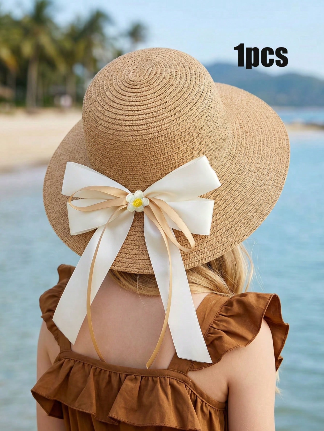 1Pc 3-8Y Girls Coffee Bow Stra - Kids Outdoor Hat 评论和价格