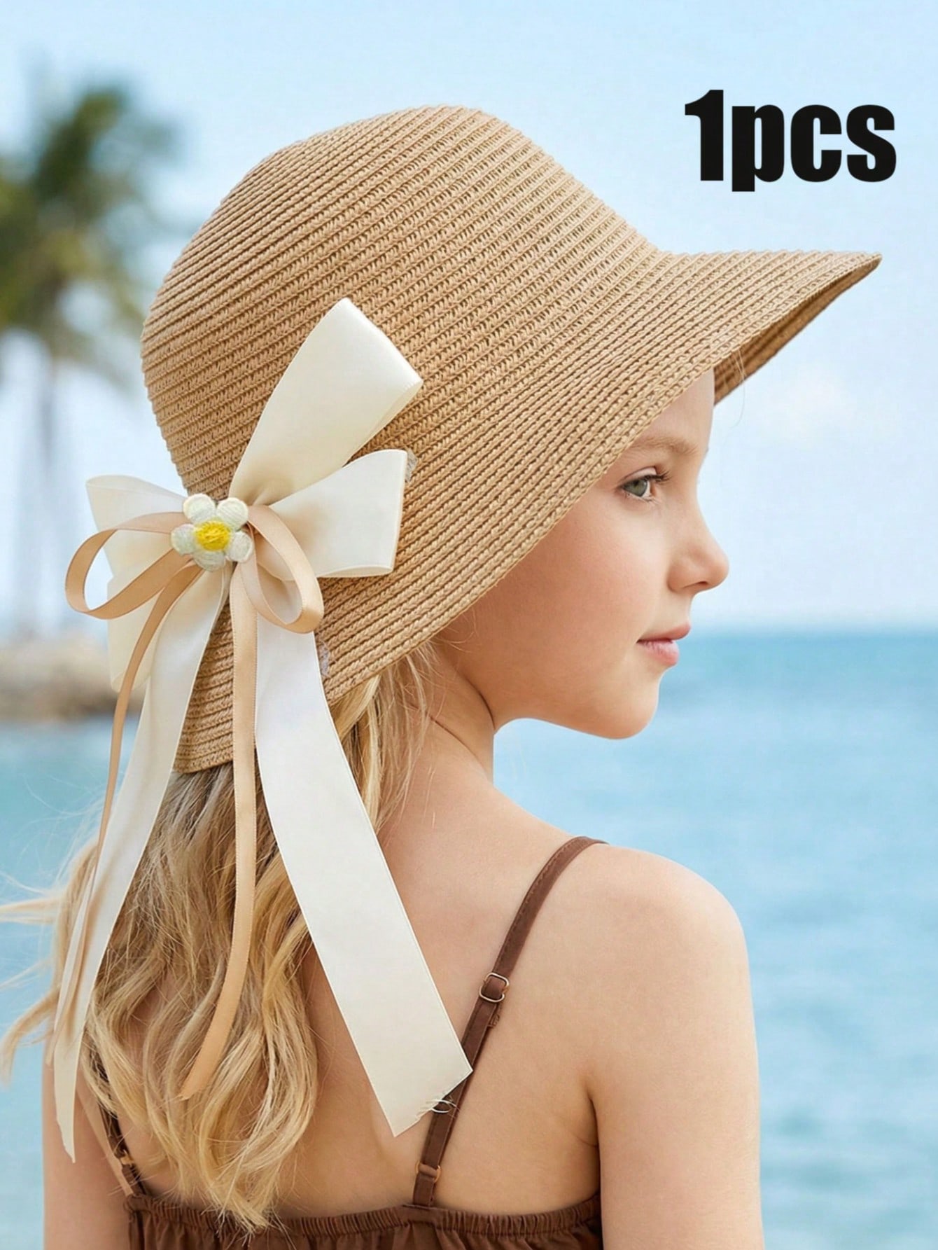 1Pc 3-8Y Girls Coffee Bow Stra - Kids Outdoor Hat 评论和价格